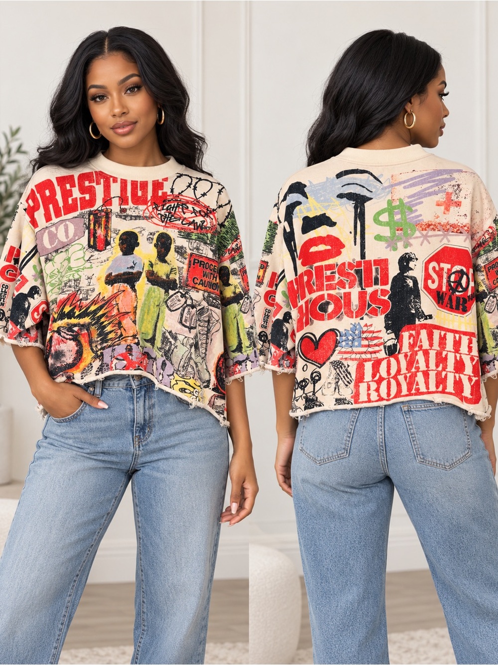Prestige Size XL Graffiti Graphic Oversized Top Raw Hem Streetwear Shirt